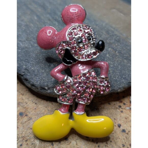 Accessories - Mickey Mouse Rhinestone Broach – Pink Glitter, Vintage Style, Disney-Inspired